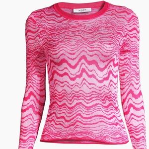 Milly Wavy Jacquard Crewneck Pink Ecru White Long Sleeves Lightweight Sweater